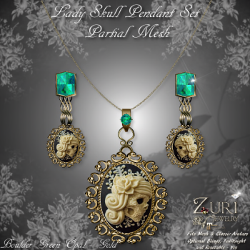 Zuri's Lady Skull Pendant Set P-Mesh Boulder Green Opal_Gold